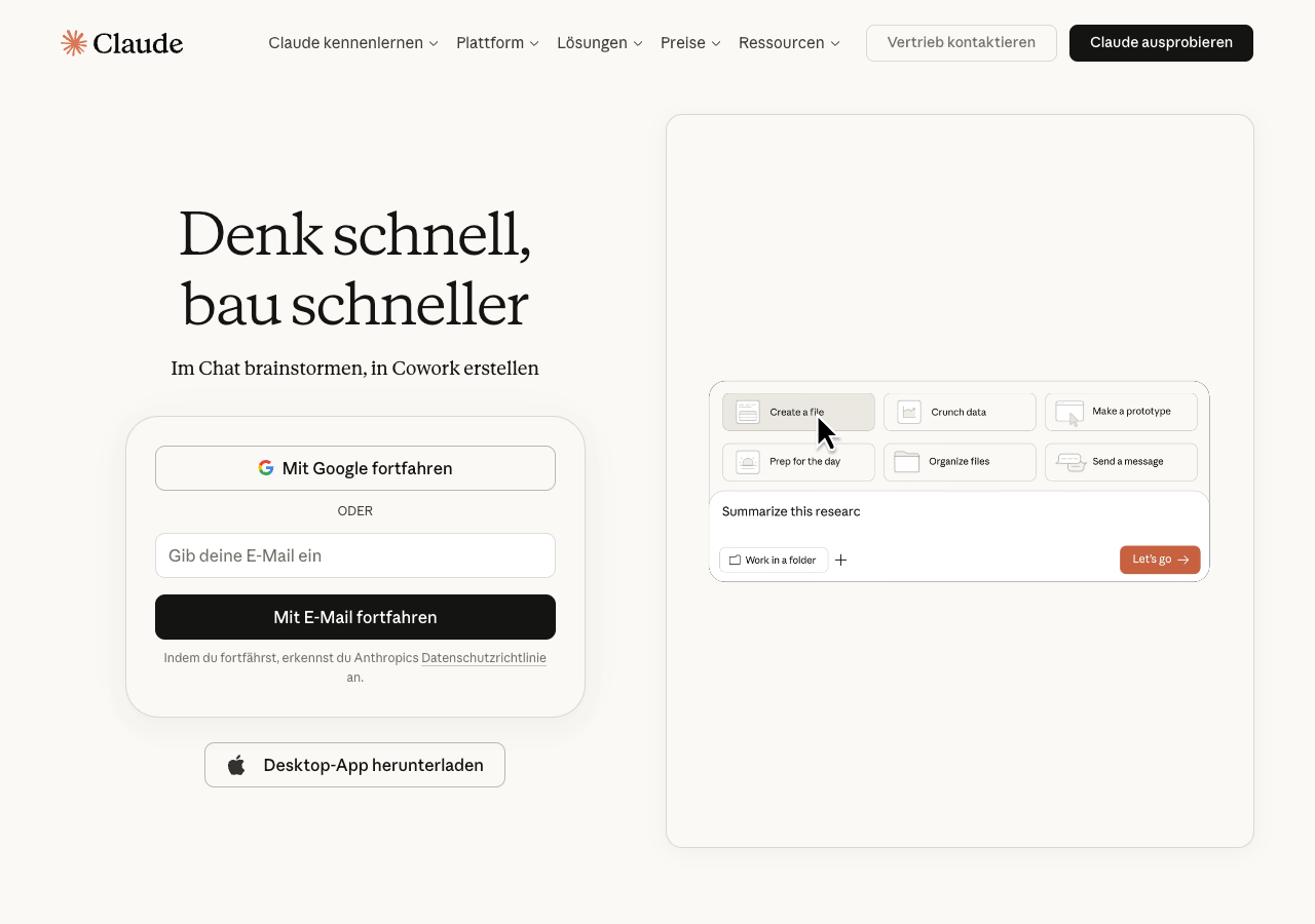 claude.ai-Startseite mit dem Anmelde-Bereich in der Mitte.